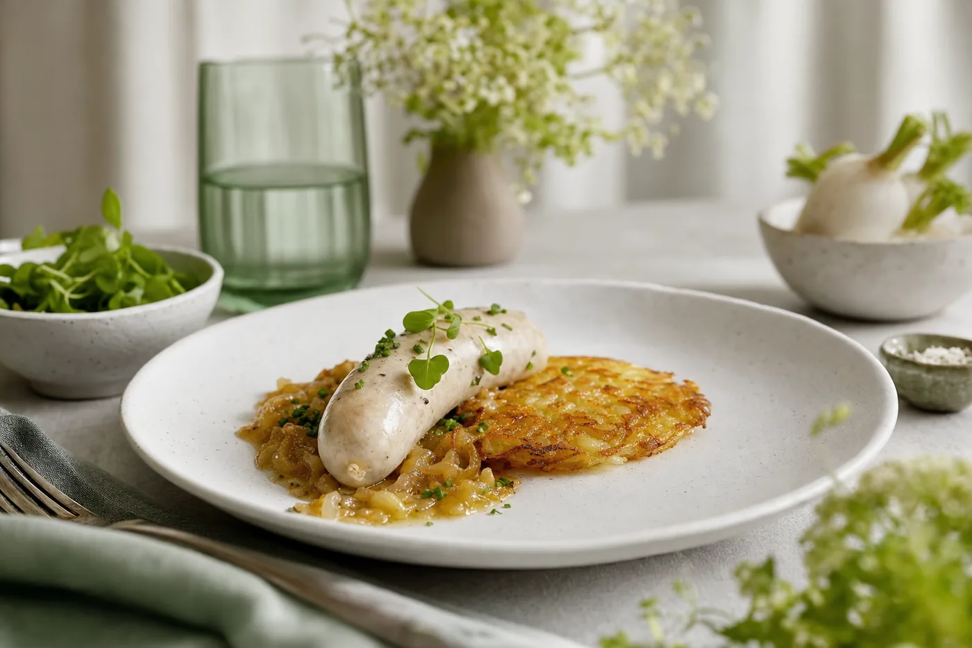 St. Galler Kalbsbratwurst mit Zwiebelsauce und Rösti