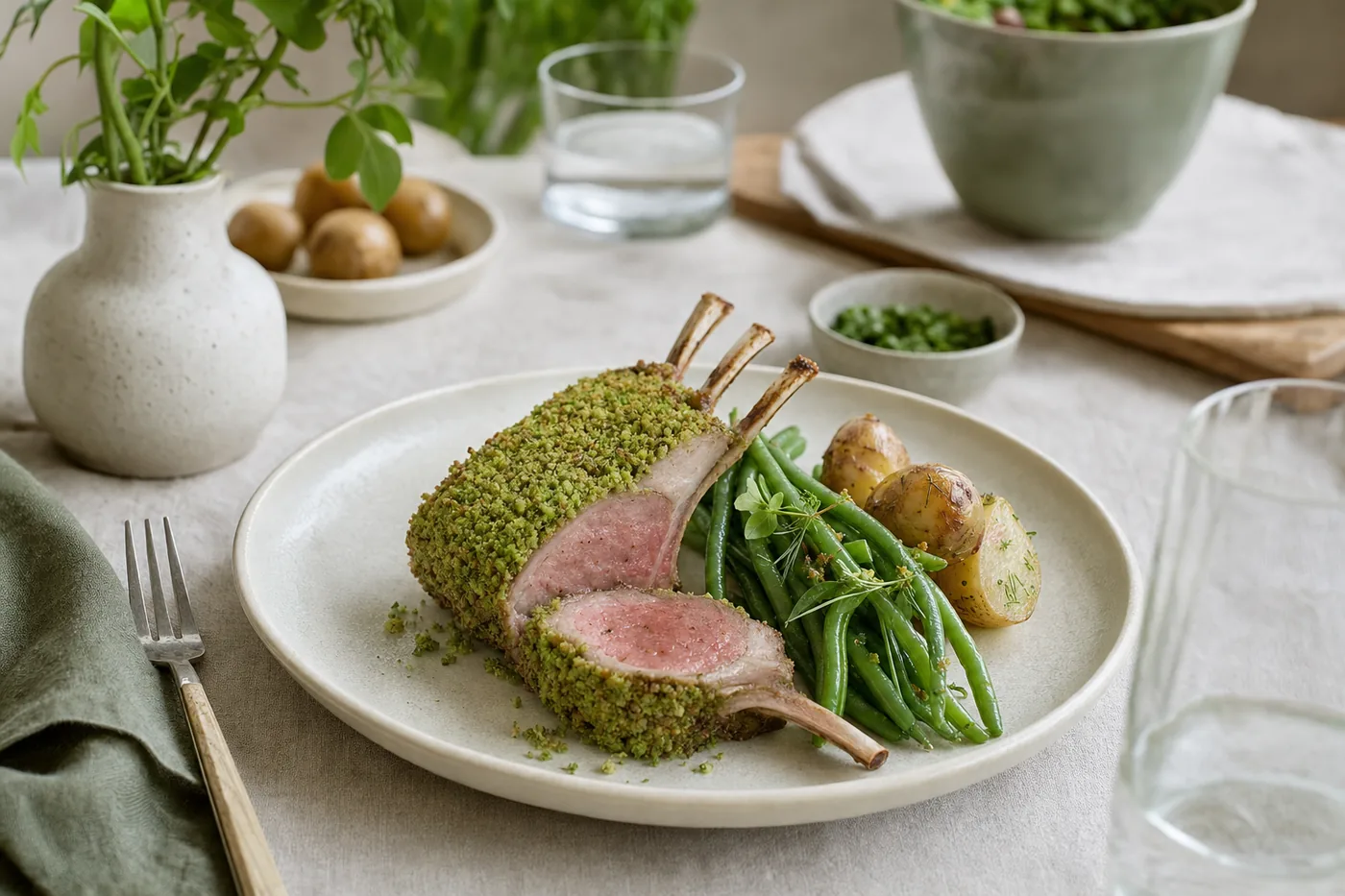 Lammrücken mit Kräuterkruste und Bohnen