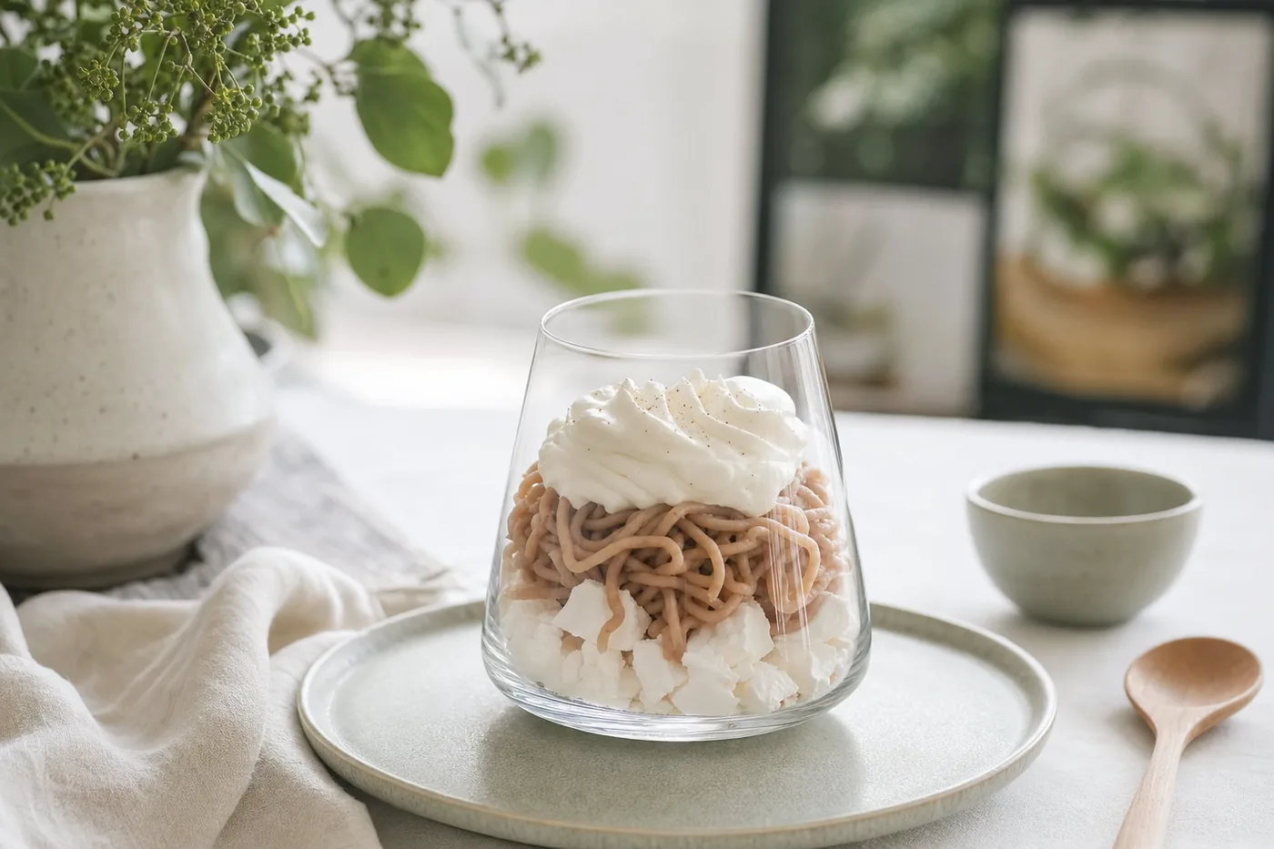 Vermicelles mit Meringue und Rahm im Glas