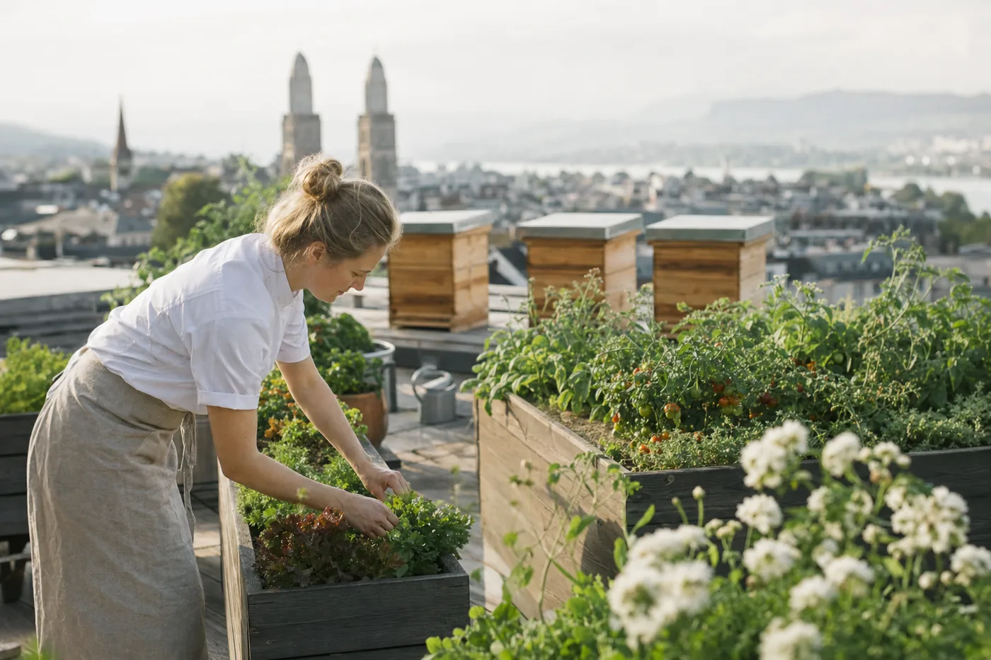 Dachgarten mit Bienenstöcken über den Dächern von Zürich