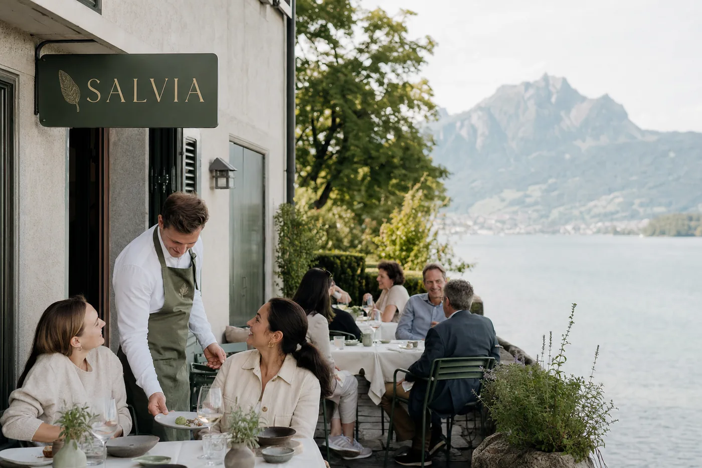 Terrasse am Seeufer in Tribschen, über dem Wasser der Pilatus