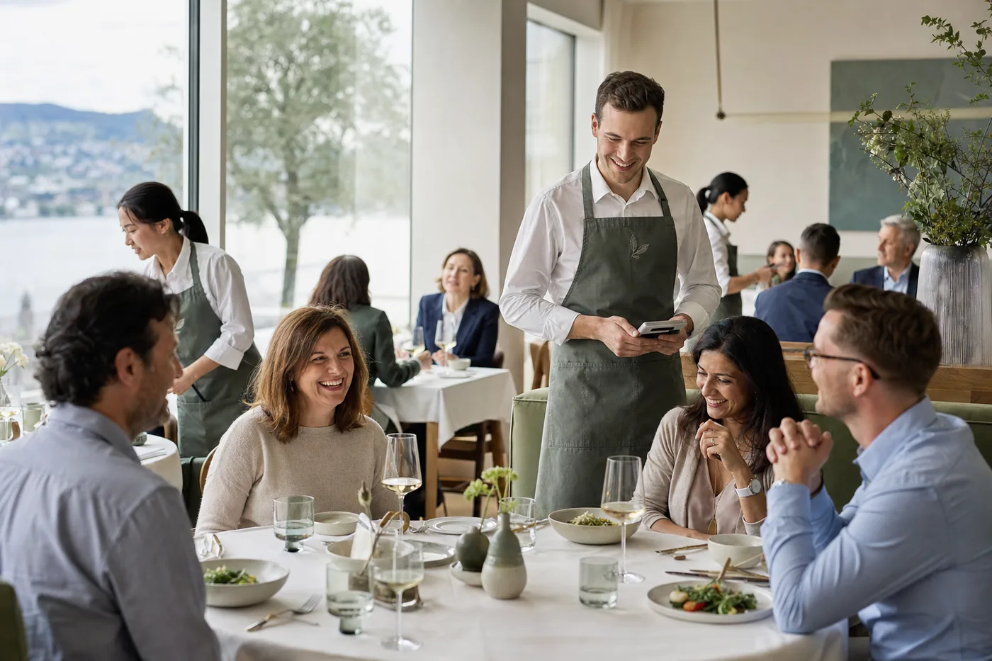 Business Lunch in Zürich, der Kellner nimmt die Bestellung am Handgerät auf